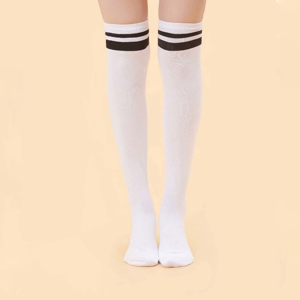 New White & Black Striped Over the Knee High Socks